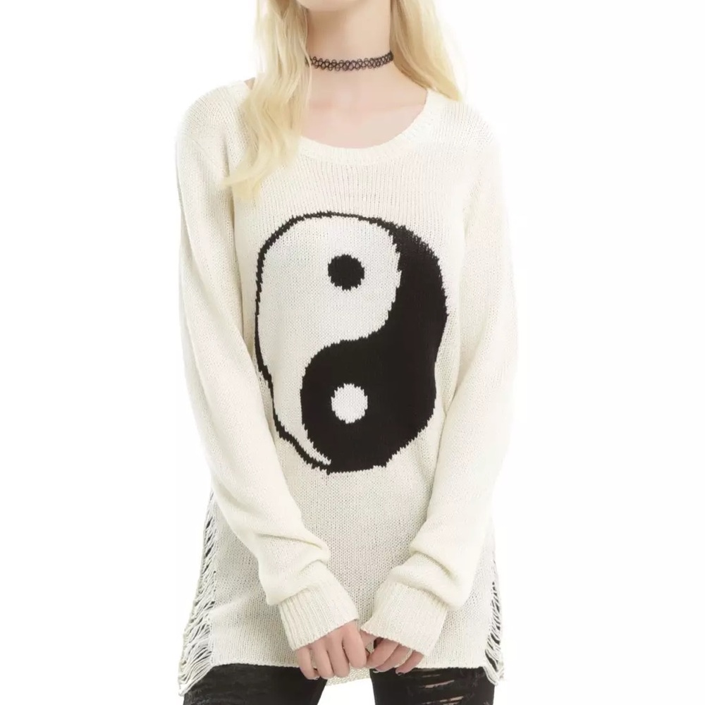 Hot Topic ivory yin yang shredded side knit sweater